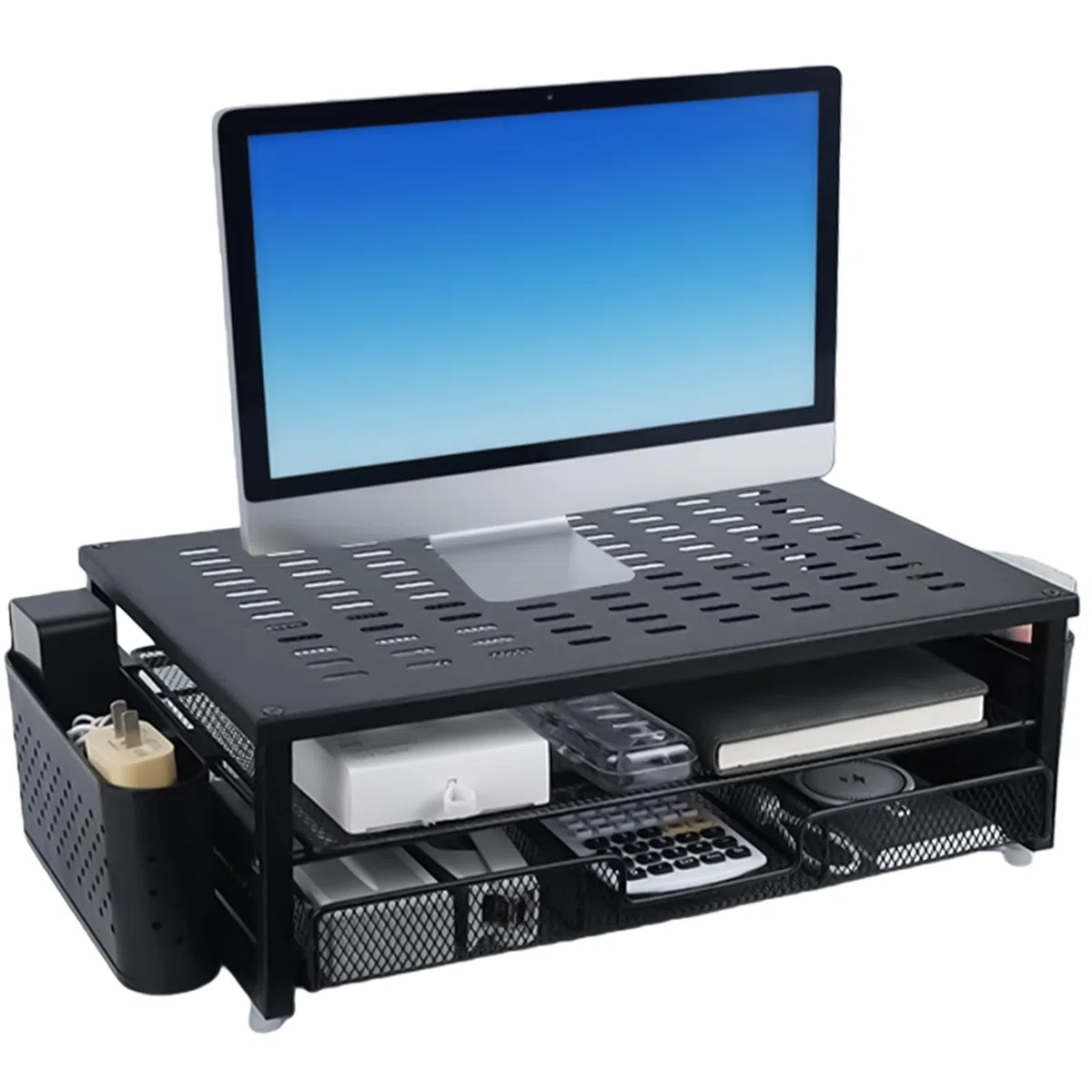 Supporto per monitor, organizer da scrivania con cassetto e 2 portapenne, rialzo monitor, altezza dello schermo 48,5 x 25 x 15 cm, con passacavo per laptop, computer, notebook, PC (nero)