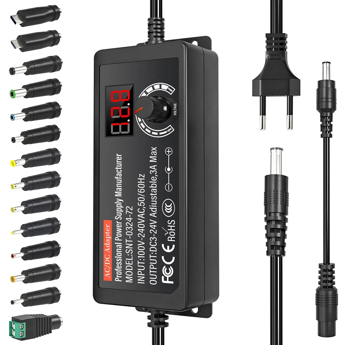 24 V Alimentatore Universale 72 W AC/DC Adattatore di Alimentazione Regolabile con 14 punte DC e Cavo di polarità inversa Caricabatterie universale per elettronica, 3000 mA Max.