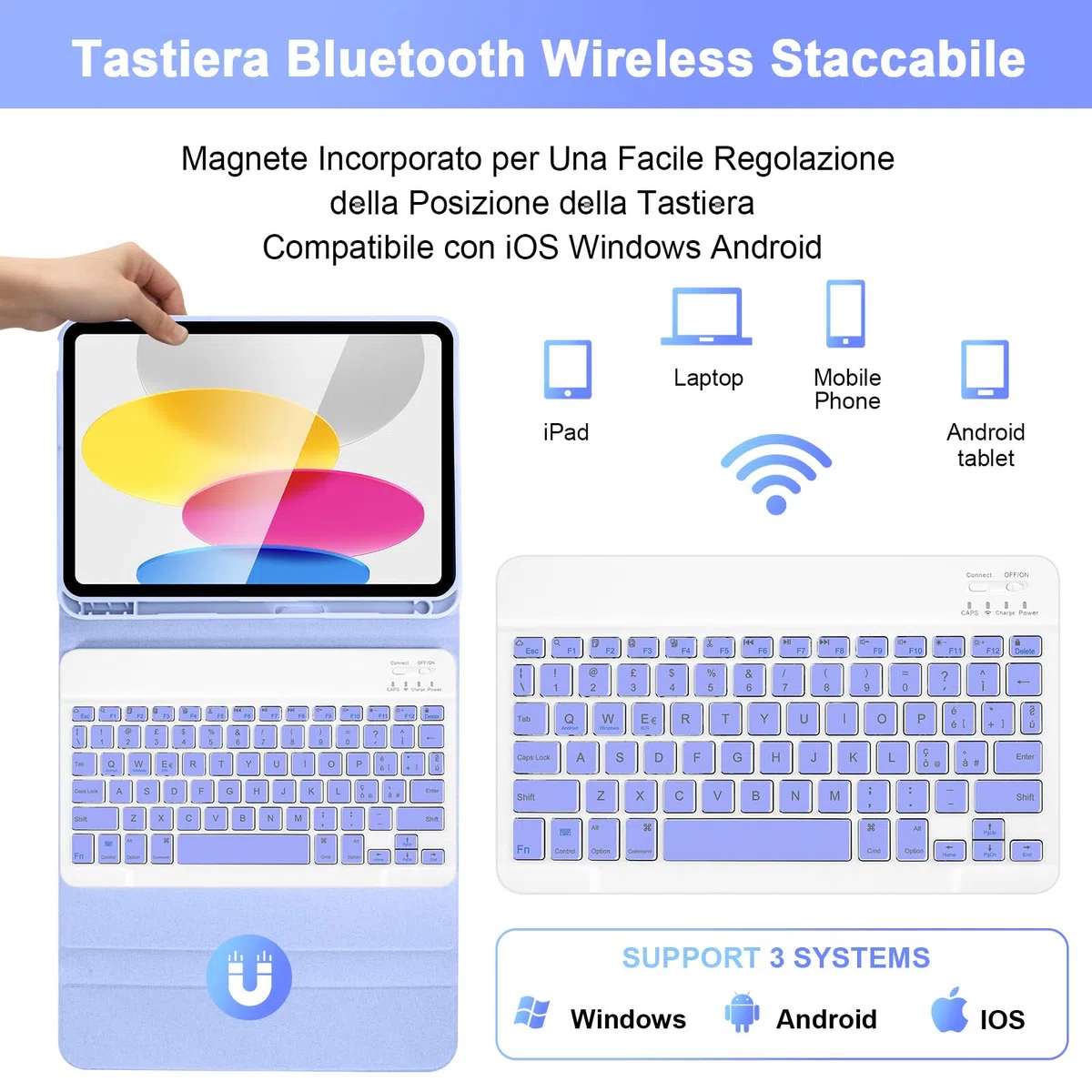 SOPPY Custodia con Tastiera e Mouse per iPad 11a Generazione (A16) 11 Pollici 2025, 10a Gene 10,9 Pollici 2022, cover Protettiva Staccabile, con Slot per Penna Stilo, Layout Italiano - Viola