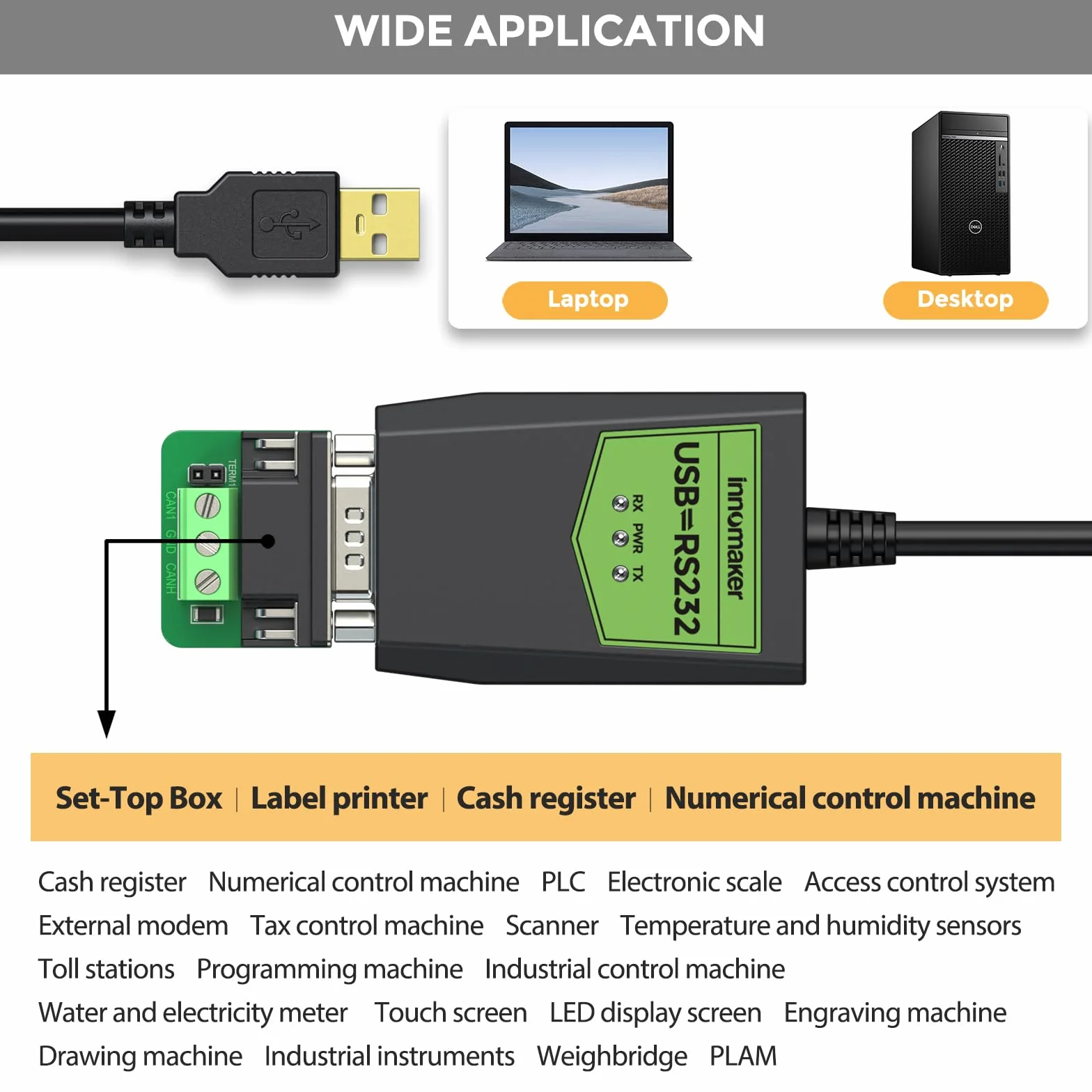 innomaker Adattatore USB a RS232 seriale per uso industriale, USB a DB9 maschio, Chipset FTDI, Protezione ESD, Isolamento segnale/alimentazione, Compatibile con Windows, Mac OS, Android, Linux