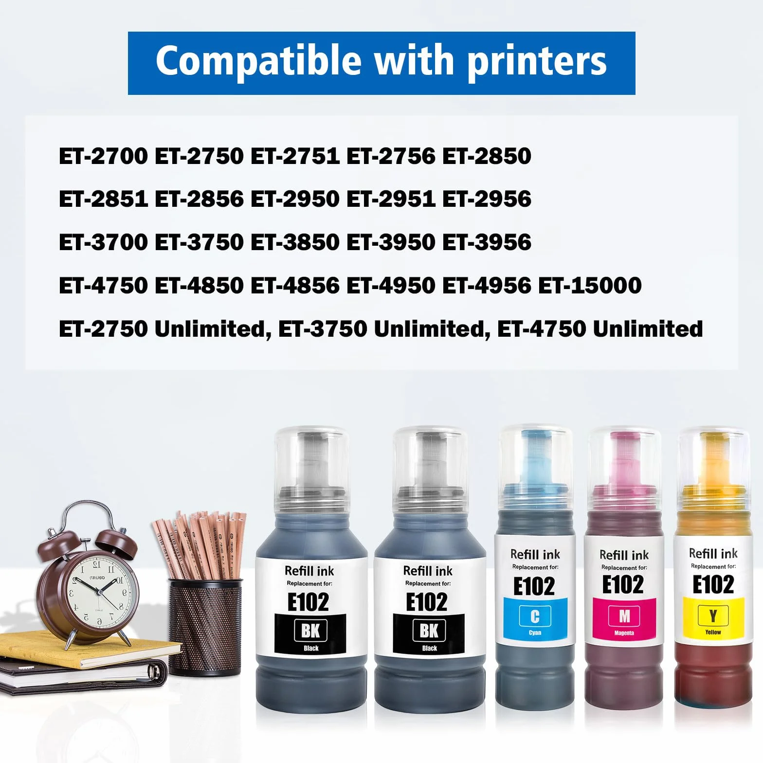 102 Inchiostro Multipla Compatibile per Epson ET-2750 ET-2756 ET-2850 ET-2851 ET-2856 ET-3700 ET-3750 ET-3850 ET-4500 ET-4700 ET-4750 ET-4850 ET-4856 ET-15000 Stampante (BK*2/C/M/Y)
