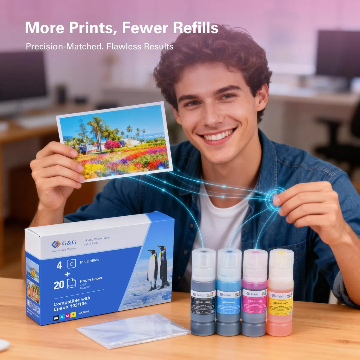 G&G Inchiostro Multipack Compatibile con Epson 102 104 per EcoTank ET-2850 ET-4800 ET-2720 ET-2712 ET-2714 ET-2715 ET-2720 ET-2721 ET-2726 ET-4700 (Inchiostro + carta fotografica)
