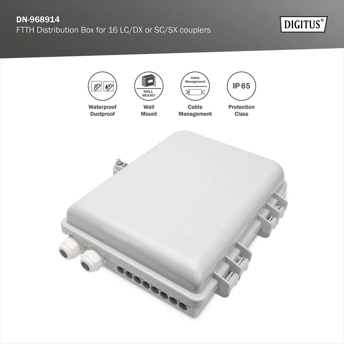 DIGITUS Scatola di distribuzione FTTH da esterno - 16x LC/Duplex o 16x SC/Simplex - Classe di protezione IP65 - Cassetta di giunzione per fibra ottica - Grigio