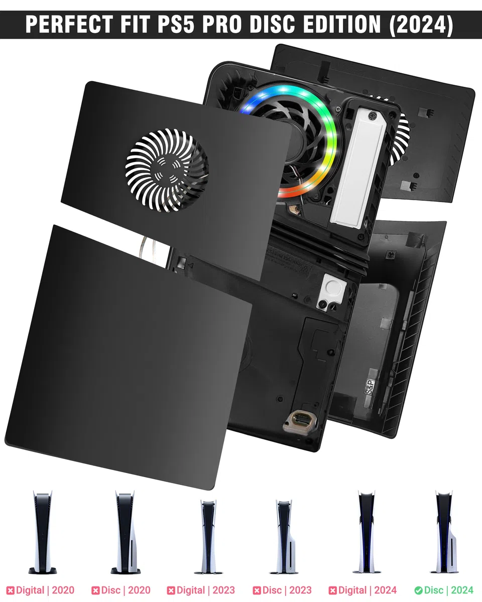 Joso Pannello frontale per PS5 Pro Disc Edition, custodia di ricambio antigraffio antipolvere con anello RGB, copertura adatta per PS5 Pro (CD-ROM), piastre per accessori PS5 Pro, nero