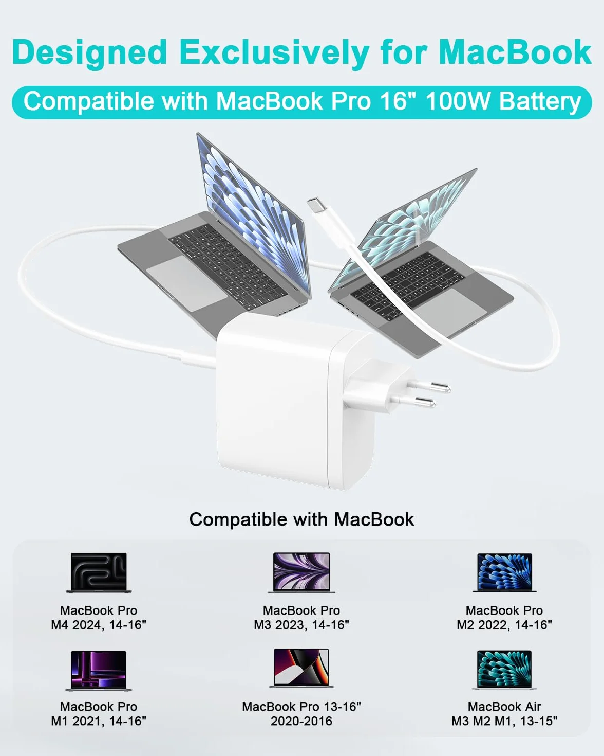 Caricatore USB C 100W, Alimentatore Compatibile con MacBook Pro 16 14 MacBook Air 1513 Pollici 2025 2024 2023 2022 2021 2020 2019 M4 M3 M2 M1, Adattatore Caricabatterie con Cavo USB-C 2M 5A (Bianco)