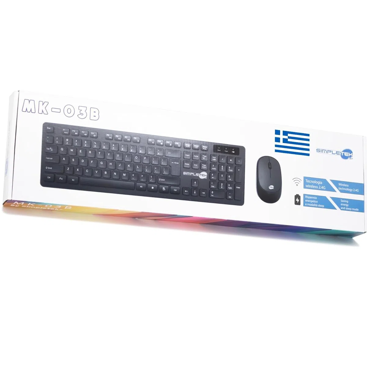 SIMPLETEK - Kit Mouse & Tastiera Wireless 2.4G Layout GR Greco | Greek Keyboard QWERTY con Tastierino Numerico Mouse Ergonomico 3 Tasti Ricevitore USB