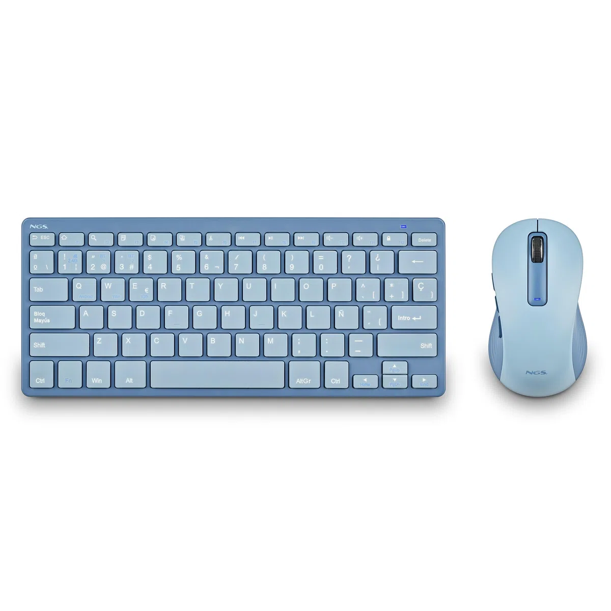 NGS Fantasy Kit Blue - Tastiera e mouse wireless QWERTY spagnolo, silenzioso ricaricabile, multimodalità 2.4 GHz e Bluetooth, 12 tasti multimediali, DPI regolabile, blu