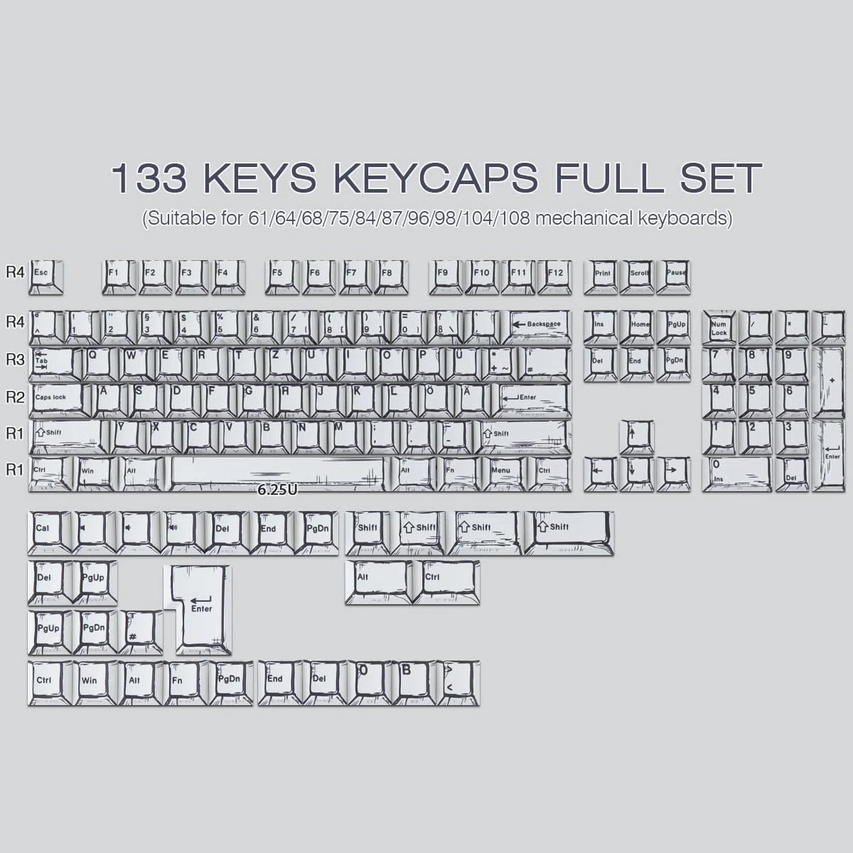 PBT German Keycaps, 128 Keys Manga White Keycap, Retro Style Side Printed Shine Through Dye Sub Keycap for Cherry MX Switch ISO QWERTZ Layout Meccanical Keyboards