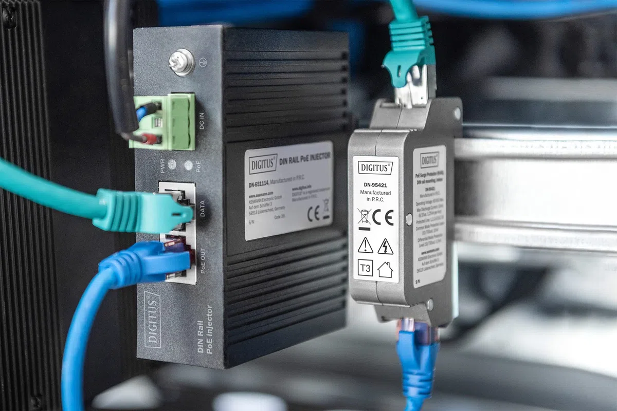 DIGITUS Protezione contro le sovratensioni PoE - fino a 10 kV - 2x porta RJ45 - PoE++ - montaggio su guida DIN - classe di protezione IP40 - 10/100/1000Mbps