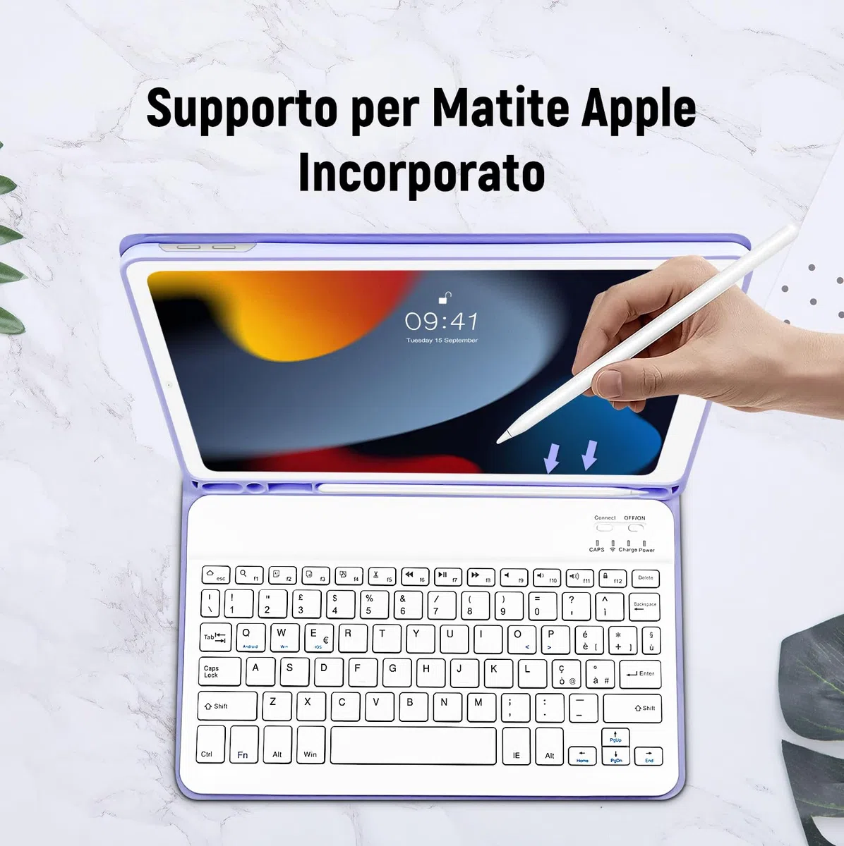 Lielax Custodia con Tastiera per iPad 10.2 2021/2020/2019(9a, 8a e 7a Gen)/iPad Air 3 /iPad Pro 10,5, Italiano QWERTY Rimovibile Bluetooth Tastiera, Custodia con Supporto Pencil per ipad 10,2-Porpora