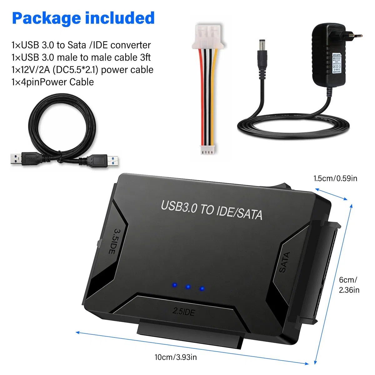 Leikurvo Adattatore USB 3.0 a SATA IDE per dischi rigidi SATA da 2,5/3,5 pollici, adattatore per disco rigido esterno con cavo USB+cavo SAT A+alimentatore da 12 V/2 A per Windows 10/8/7/XP/Mac