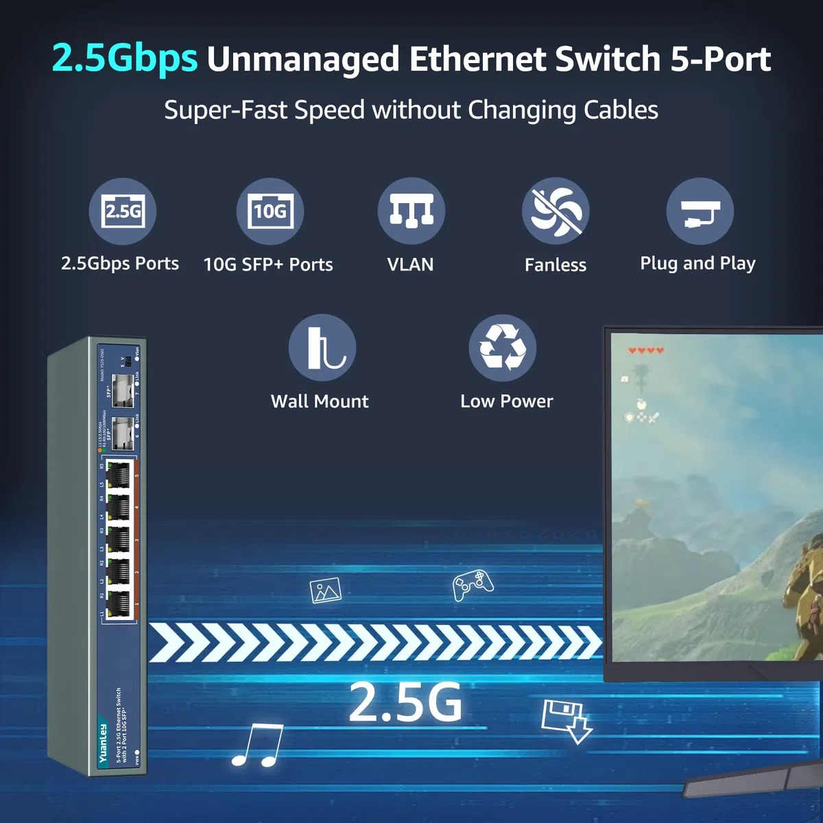 7 Porte 2,5G Switch Ethernet Umanaged, 5 Port 2,5G Base-T, 2 Port 10G SFP, Compatibile 10/100/1000M, Metallo Senza Ventola, Switch di Rete YuanLey 2,5Gbe da Tavolo/Muro per AP Wireless, NAS, PC