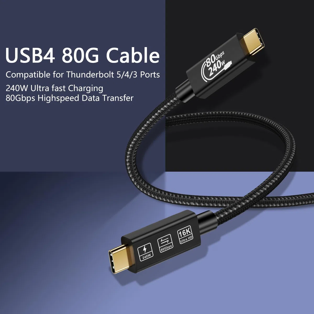 Cavo USB4, con Thunderbolt 5, ricarica 240 W, dati 80 Gbps, gen4,16K @ 60Hz 4K120Hz HDR, cavo USB C a USB C, per Hub, Dock MacBook, M4, M3, Mac Studio (TB5 80G 240W 1.5M)