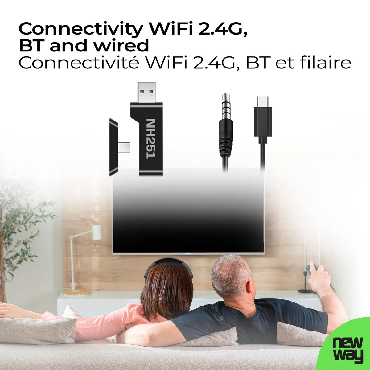 NEWWAY NH251 - Cuffie audio senza fili, microfono retrattile, tripla modalità WiFi 2,4 GHz/BT, ricevitore USB/USB-C, per PC, laptop, smartphone, console e Mac (bianco)