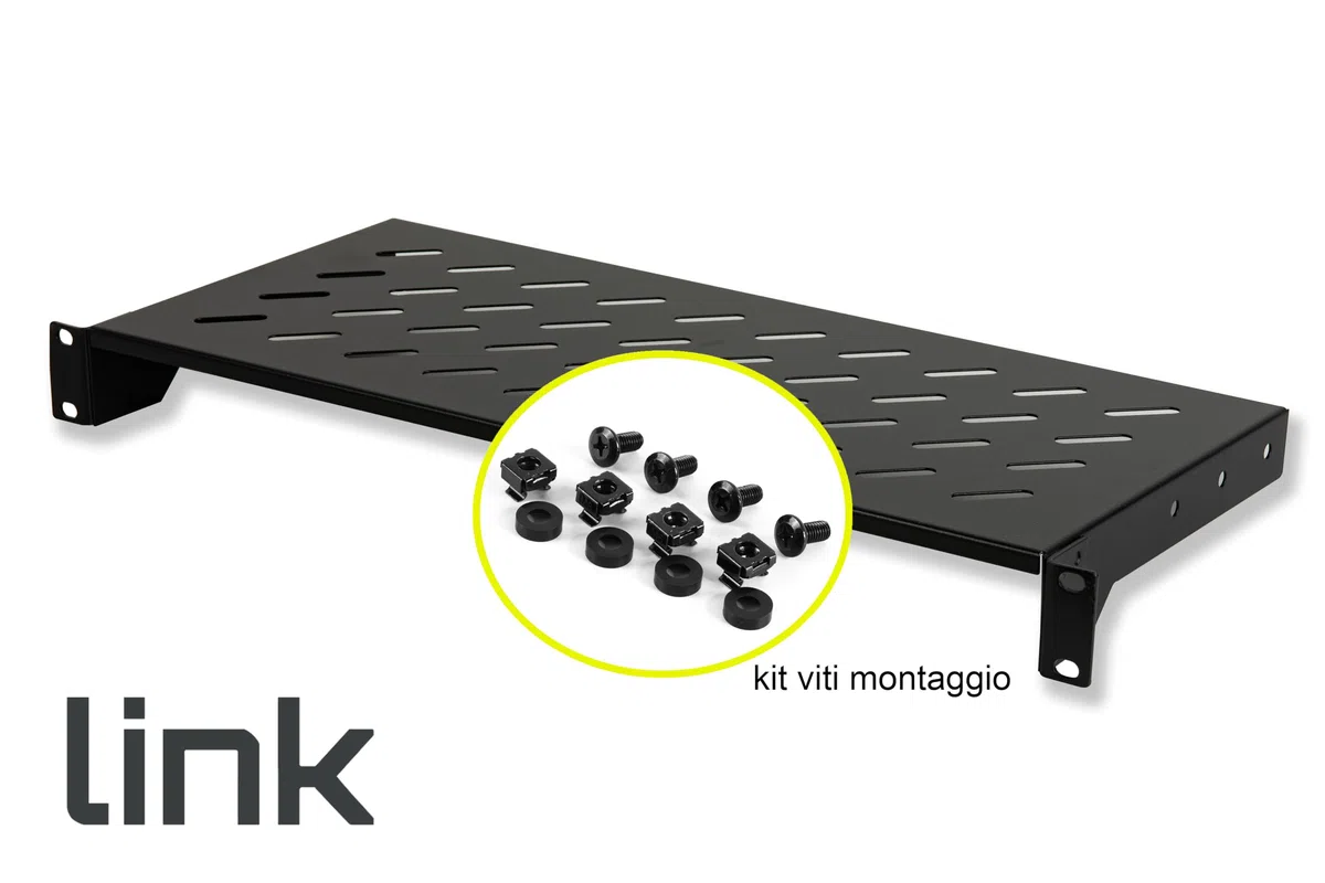 LINK LKRIP200N - Mensola in acciaio per armadio rack 19" (200 mm profondità, nero RAL9005) – Superficie traforata per ventilazione – Portata 30 kg e attacchi frontali universali
