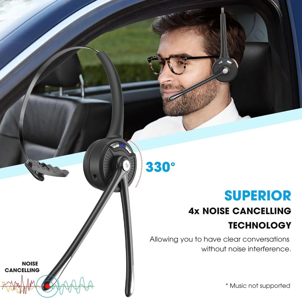 cuffie Bluetooth con microfono, cuffie on-ear wireless con cancellazione del rumore e stazione di ricarica, cuffie per telefono con pulsante muto per laptop, Skype, call center, ufficio