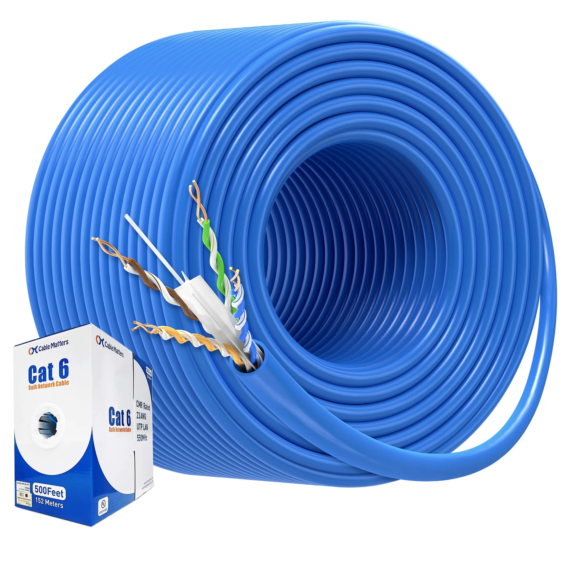 Cable Matters Cavo Ethernet Cat6 in rame nudo da 10 Gbps (CMR), 10 Gbps (CMR), 152,4 m (bobina per cavo Ethernet Cat 6, scatola cavi Ethernet, cavo Ethernet Cat 6), colore blu