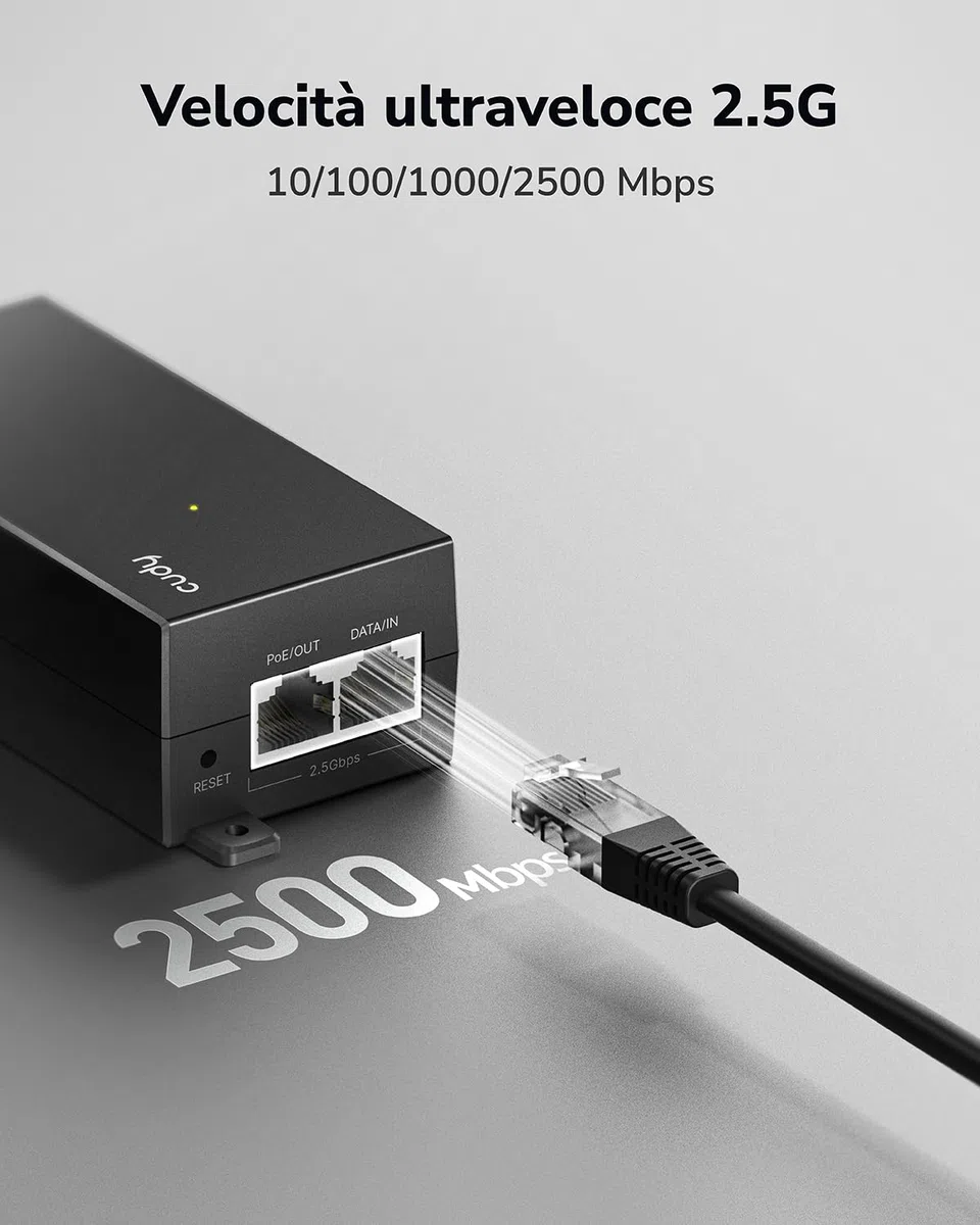 Cudy Adattatore iniettore PoE+ da 30 W, 2,5 Gbps, 30 W, 2500/1000/100 Mbps RJ-45, conforme IEEE 802.3af/802.3at, fino a 100 metri (325 piedi), PoE200H