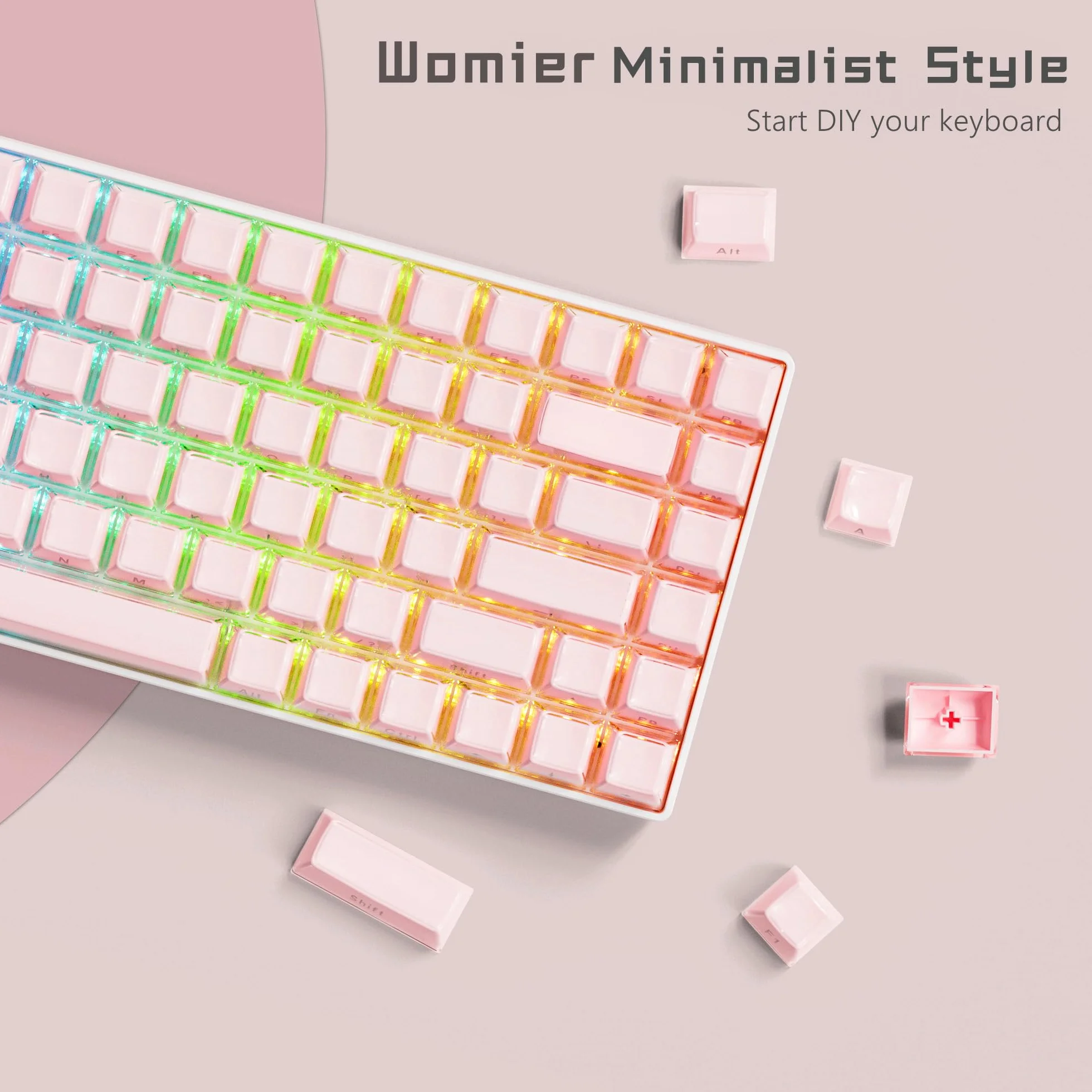Womier Jelly Keycaps-Crystal Cute Keycaps Pink 60 65 75 100 Percent, Side Printed Elegant Key caps Custom113 Keys, OEM Profile for 61/68/84/87/98/100 Cherry Gateron MX Mechanical, Pink