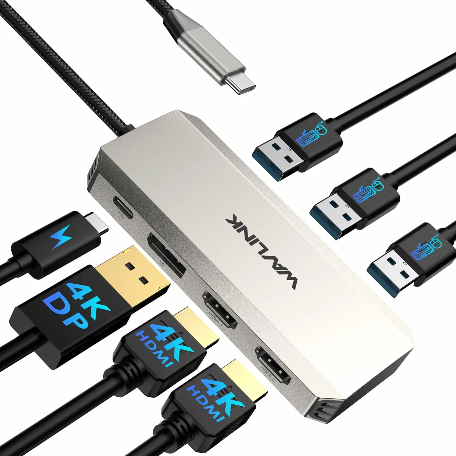 WAVLINK Docking Station, tripla docking station 4K con doppio HDMI, DP, 100W PD IN, 3 USB-A2.0 per dispositivi wireless, compatibile con Dell/HP/Lenovo ecc, solo computer con sistema operativo Windows