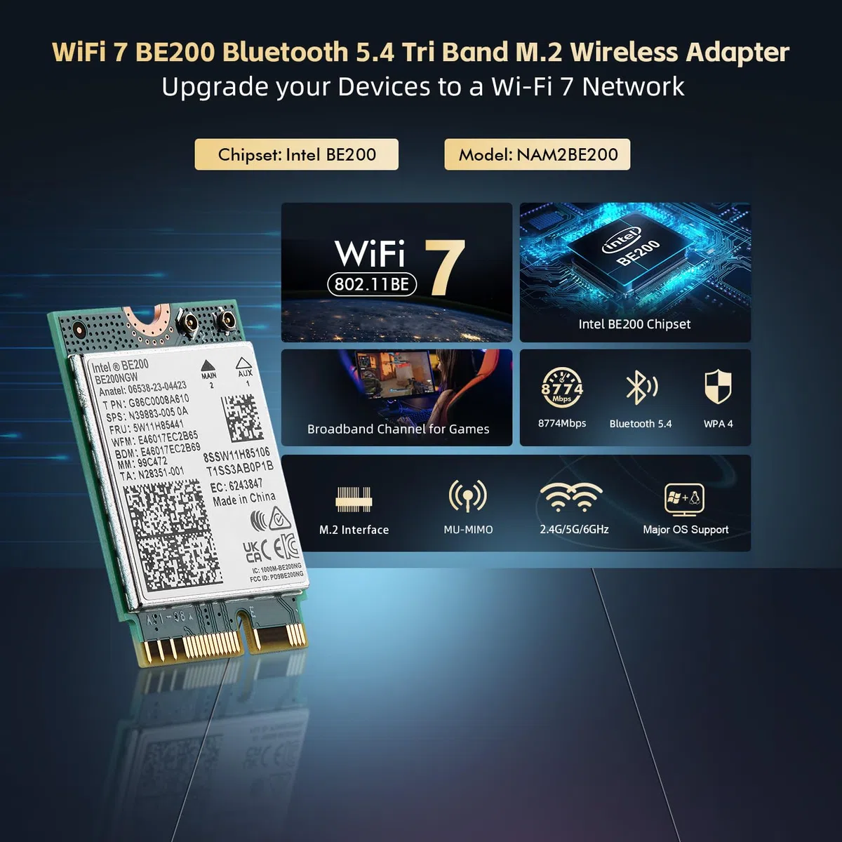 Scheda WiFi7 Binardat M.2 BE200 WiFi Network Adapter, Chip Intel BE200NGW Bluetooth 5.4, 8774Mbps Tri-Band 2.4GHz/5GHz/6GHz OFDMA & MU-MIMO, per laptop Windows 10/11