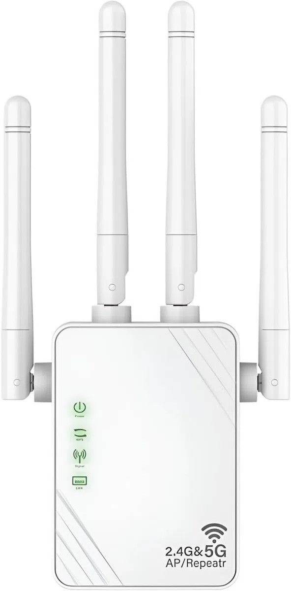 Ripetitore WiFi, Estensore WiFi, Amplificatore di Segnale Wi-Fi 1200Mps, Wi-Fi Booster Doppia Banda 5GHz e 2.4GHz, Modalità Ripetitore/Router/Ap, 4 Antenne, 2 Porte LAN, Compatibile Air 13-Inch Laptop