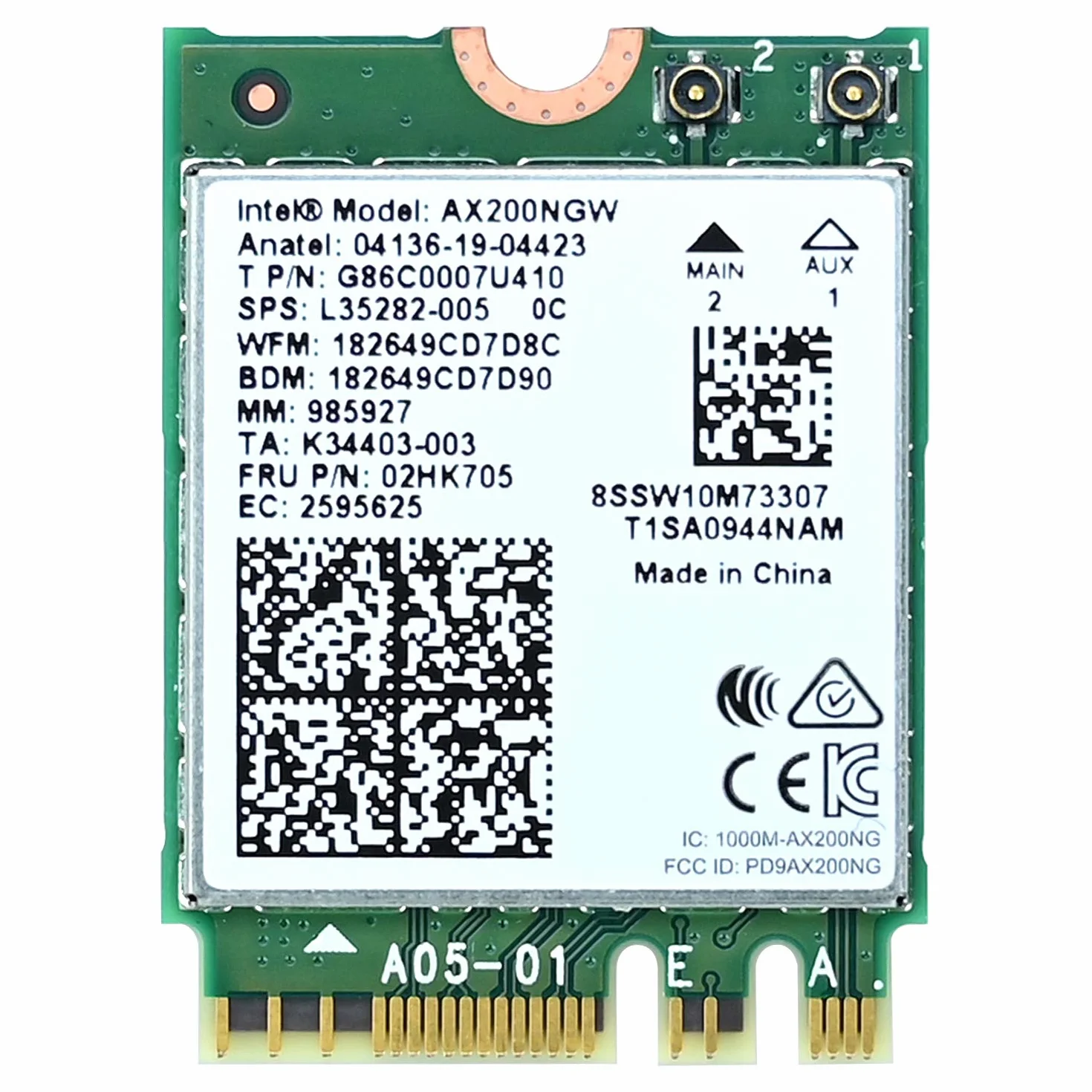 Podazz Scheda di rete AX200 NGW WiFi, Dual Band 2,4 GHz 574 Mbps/5 GHz 2,4 Gbps WiFi 6, adattatore di rete wireless Bluetooth5.0 per Windows 10 64Bit/Google Chrome OS/Linux, M.2/NGFF