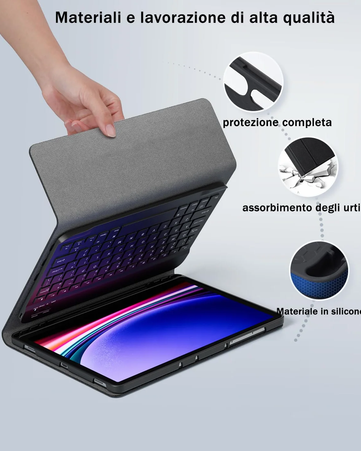 Cover Per Samsung Galaxy Tab A8 10.5 Pollici (2022) con Bluetooth Wireless Tastiera Ltaliano (QWERTY) Essere Caricata e Mouse Coperchio Protettivo con Scanalatura Portapenna Keyboard Case Nero
