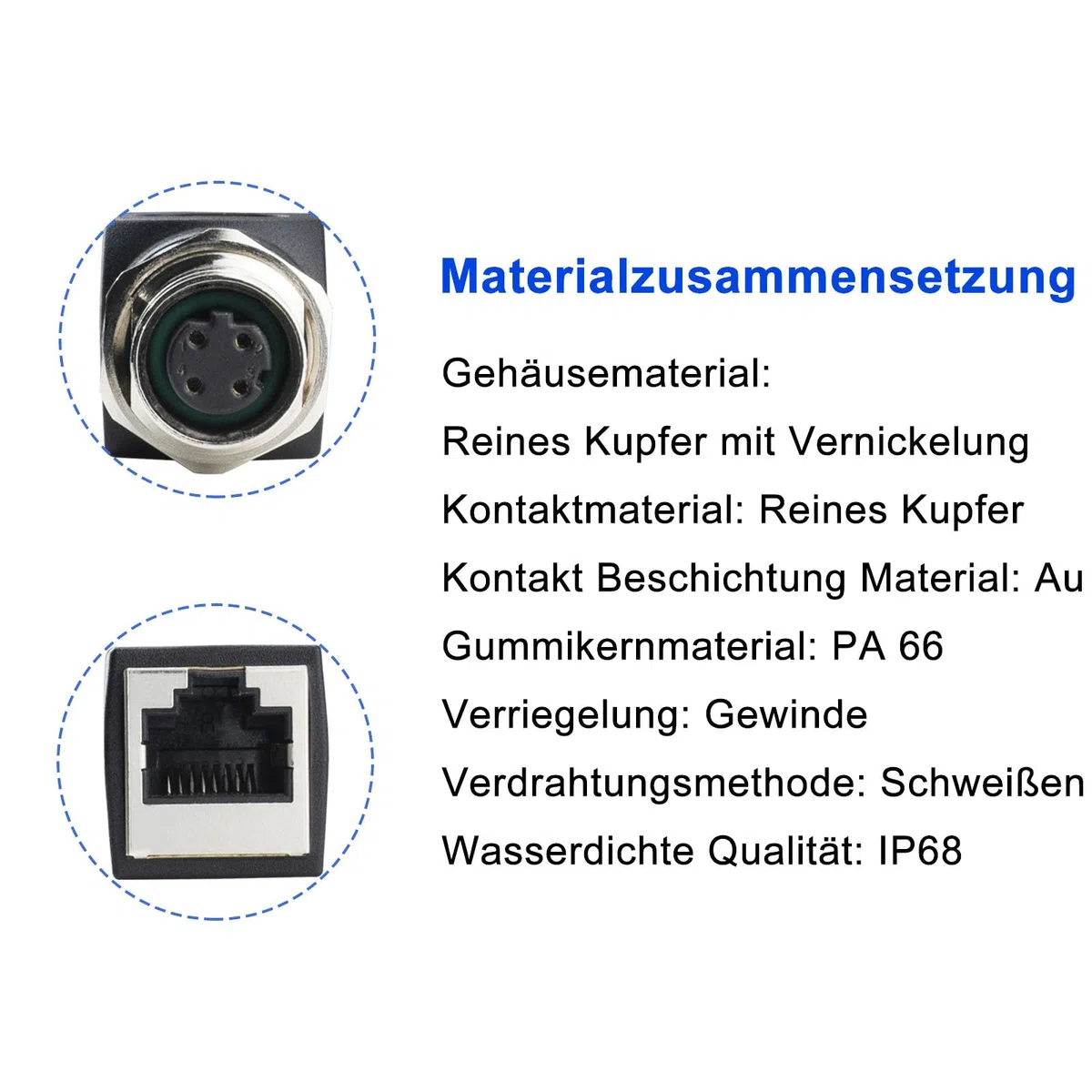 Adattatore M12 a RJ45, 4 Pin, Codice D, IP68, Impermeabile, Schermato, Femmina, Ethernet Cat6/Cat5, ASITPA-4512MD-S
