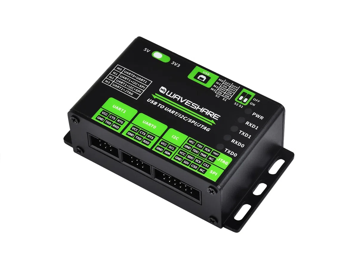 Waveshare USB To UART/I2C/SPI/JTAG Converter Supports Multiple Interfaces, Compatible with 3.3V and 5V Multiple Protection Circuits Aluminum Alloy Case Wall-Mount and Rail-Mount Support