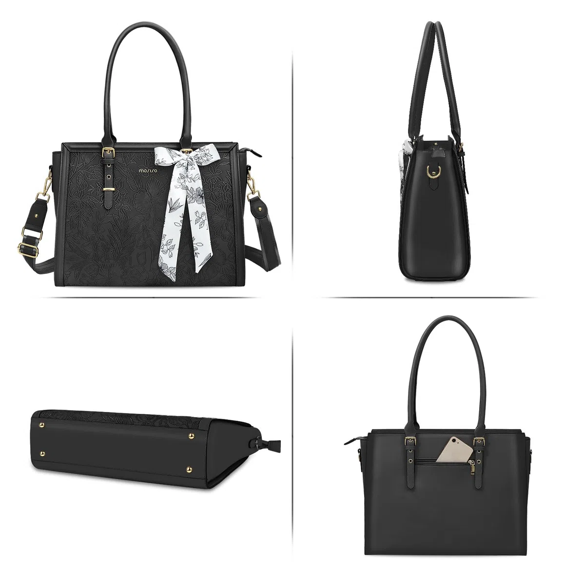 MOSISO Borsa Tote Laptop Donna,17-17,3 Pollici PU Pelle,Compatibile con MacBook,HP,Dell,Asus Notebook,Borsa Computer con Stampa Frontale Rilievo Ibisco Retro, Sciarpa Seta e Pochette,Nero