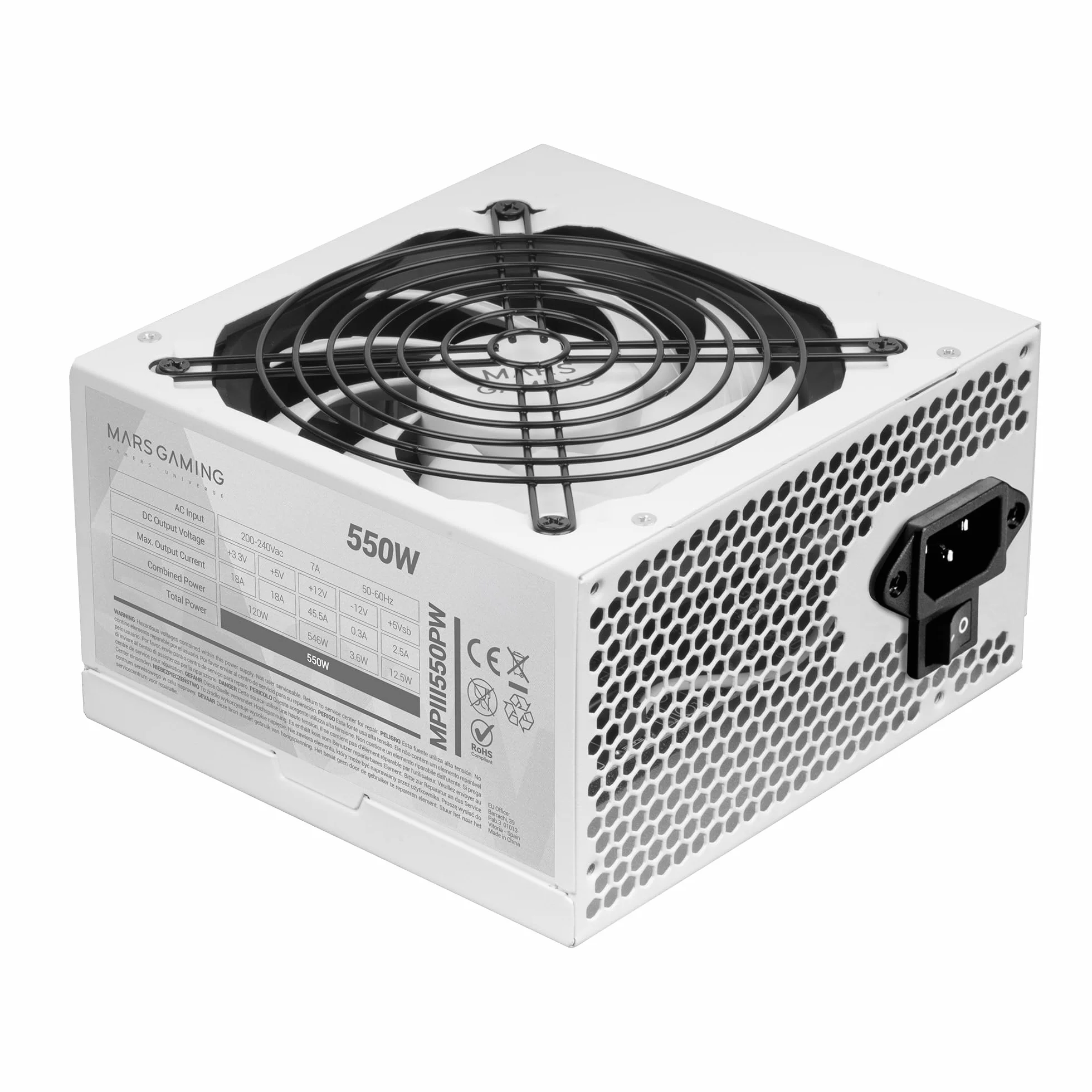 Mars Gaming MPIII550P, Alimentatore PC ATX 550W, 5 Anni di Garanzia, 85% di Efficienza, Sistema Digitale APFC, Ventola FDB 120mm AI-RPM, Tecnologie DC-DC e SMD, Cavi Piatte Extra-lunghi, Bianco