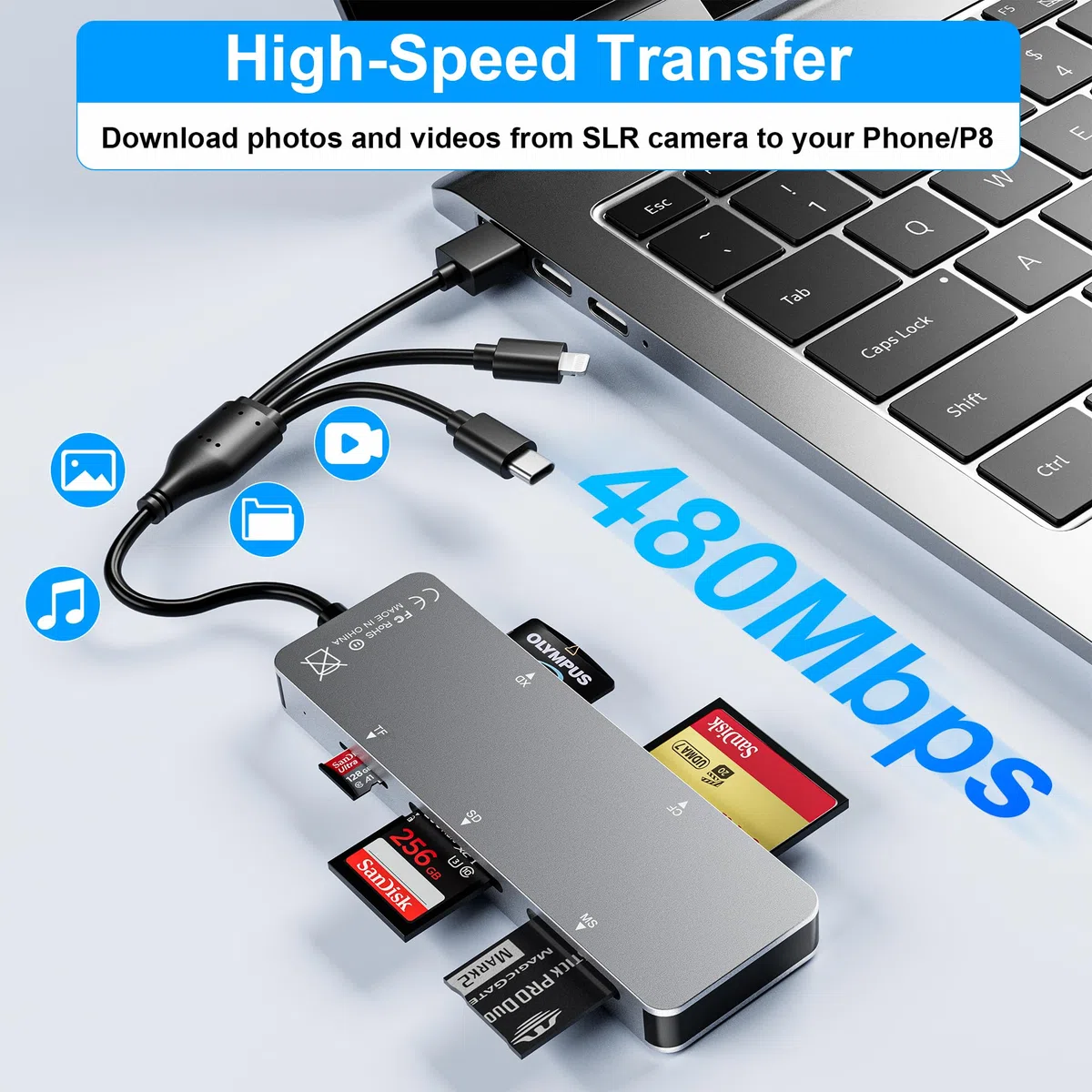 Adattatore Memory Stick pro Duo 5-in-1 in alluminio per schede SD/TF/CF/MS/XD per PC/Android/dispositivi luminosi, lettore Lightning+USB A+USB C Memory Stick pro Duo per iPhone