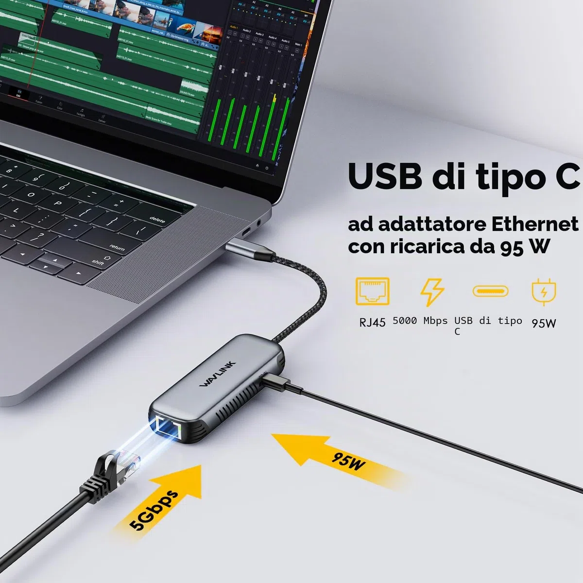 WAVLINK Adattatore USB C a Ethernet 5Gbps con PD 95W | Senza Driver | Compatibile PC, Mac, Linux (Windows 10/11, macOS 11+) | Scocca Alluminio | Rete Cablata