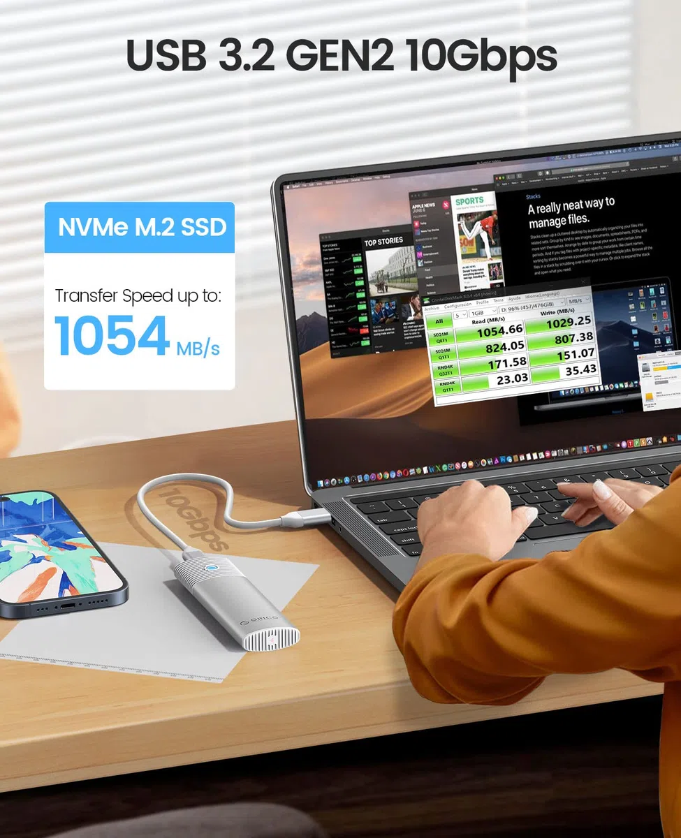 ORICO Case SSD M.2 NVMe, Adattatore Esterno USB C 3.1 Gen2 a PCIe 10 Gpbs per M2 Disco Rigido M-Key 2230/2242/2260/2280, Lettore SSD Con UASP, TRIM, Cavo USB C-A- PWM2G2A-WH