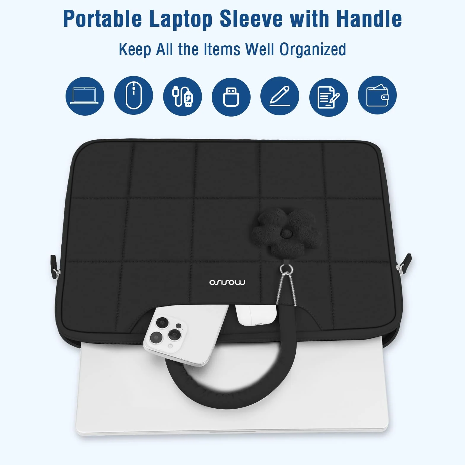 MOSISO 13.3 pollici Custodia Laptop,13-13.3 pollici Borsa PC Gonfia Compatibile con MacBook Air 13 13.6/Neo/Pro 13/14,HP ASUS Lenovo,Borsa Rectangle Quilted Manico&Ciondolo Flower, Nero