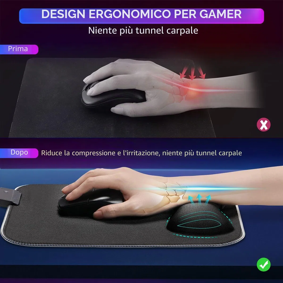 Gimars Tappetino Mouse RGB Poggiapolsi, 10 Modalità LED, 304x254mm Mouse Pad XL Ergonomico, Poggiapolsi Mouse Gaming Base in Gomma Antiscivolo, Tessuto in Lycra per Laptop, PC, Ufficio