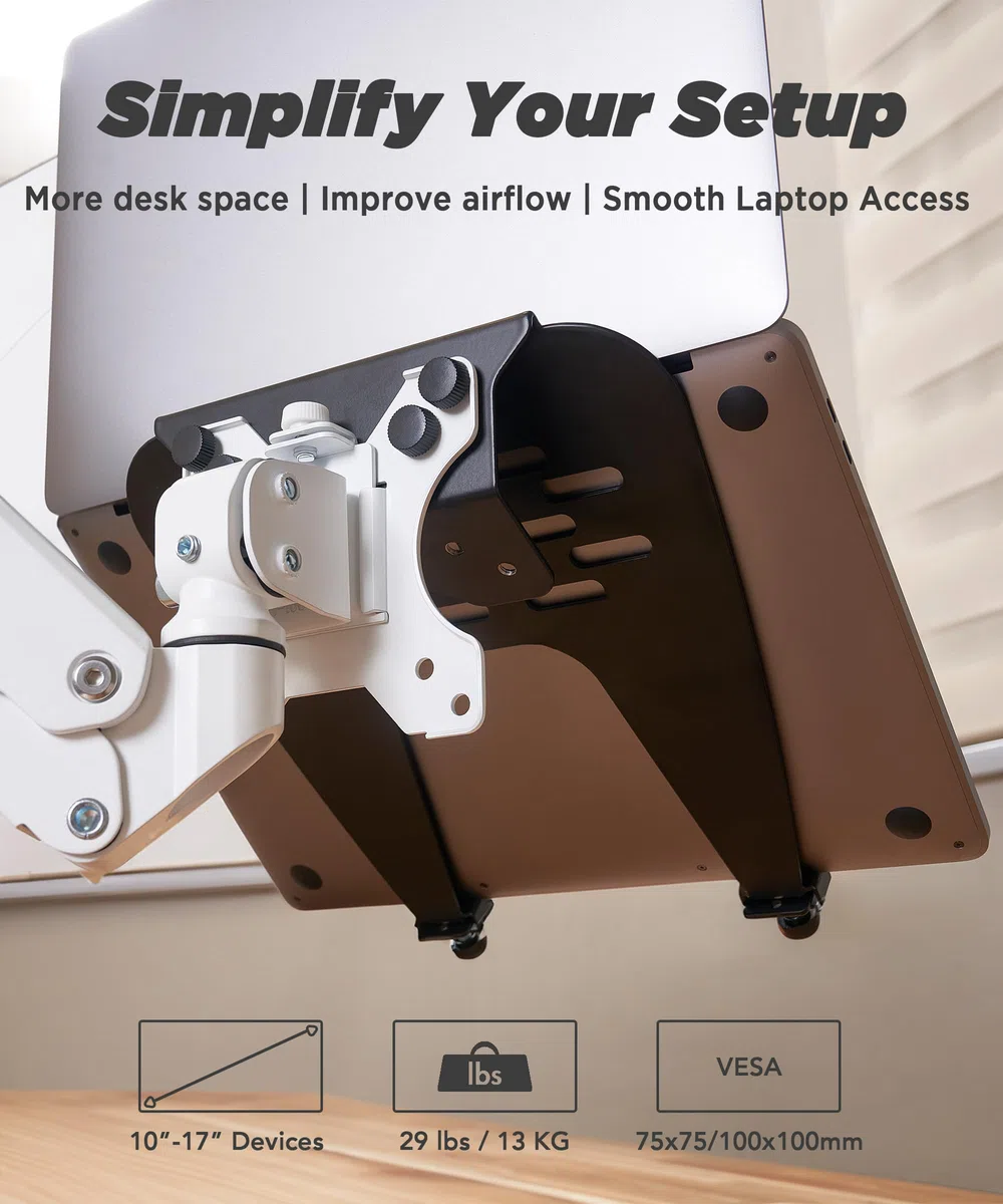 ULTRARM Supporto per Laptop – Vassoio in Acciaio Compatibile VESA 75/100, Piattaforma Ventilata, Portata 13 kg, Nero, MAAC-L