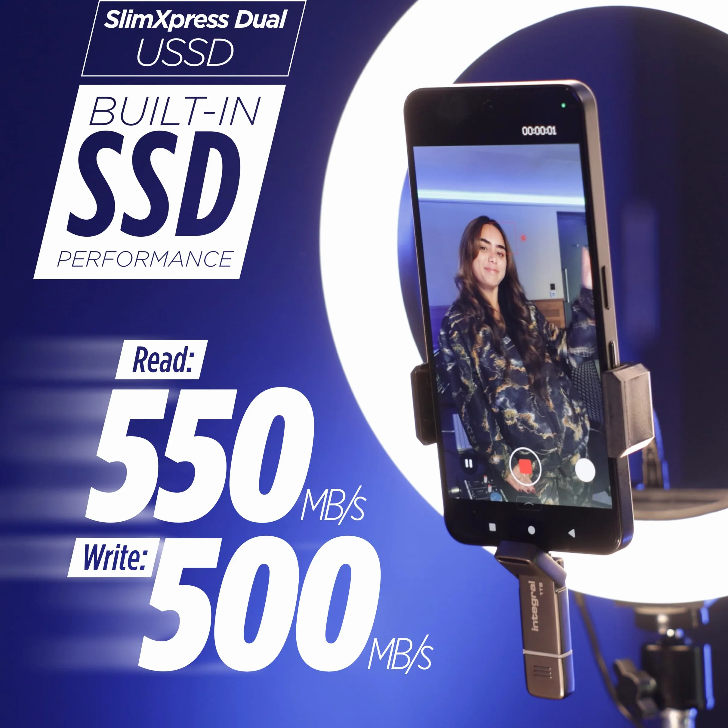 Integral USSD SlimXpress - Chiavetta USB 3.2 Gen 2x1 da 512 GB, doppia porta Type-C e Type-A, SSD portatile, lettura fino a 550 MB/s e scrittura fino a 500 MB/s. Design sottile e resistente in metallo