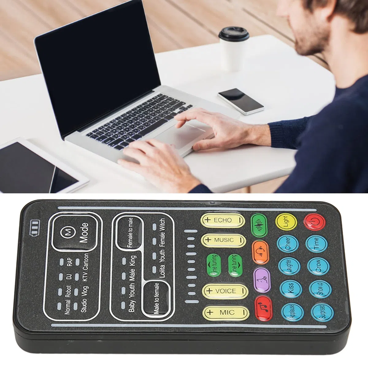 Cambiavoce portatile, 8 effetti sonori Plug and Play Riduzione del rumore Mini Cambiavoce 4 Controllo del volume Microfono portatile Cambiavoce