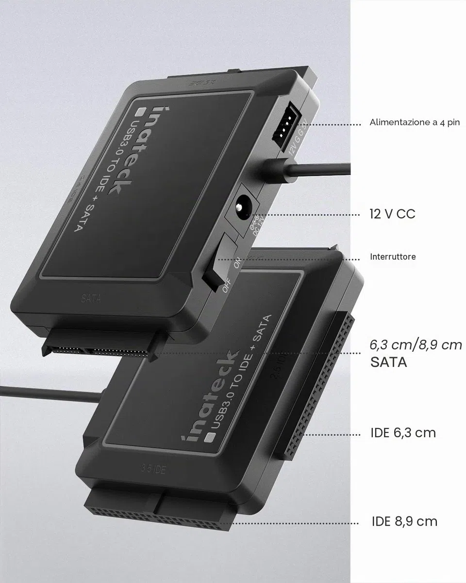 Inateck USB 3.0 a IDE/SATA Lettore di Dischi rigidi Esterni Applicabile a HDD/SSD da 2,5"/3,5", Adattatore da IDE a USB con Alimentatore 12V/2A, SA03001