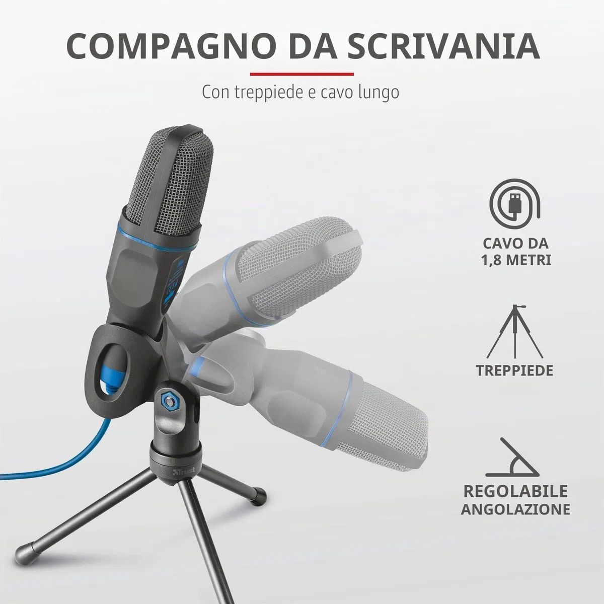 Trust Mico PC Microfono a Condensatore con Supporto, Cavo da 1.80 m, Treppiede, USB Plug & Play, PC/Laptop/Computer, Microfono per Podcasting, Voice, Skype, Teams, Zoom, Twitch, Streaming