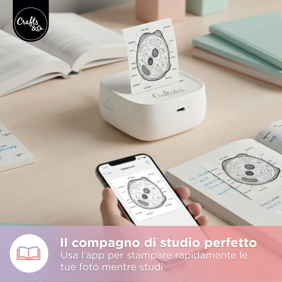 Crafts&Co Mini stampante tascabile | stampante portatile Bluetooth per smartphone adesivi e appunti, stampante termica senza inchiostro, dimensioni 8 x 8 x 3 cm, colore bianco