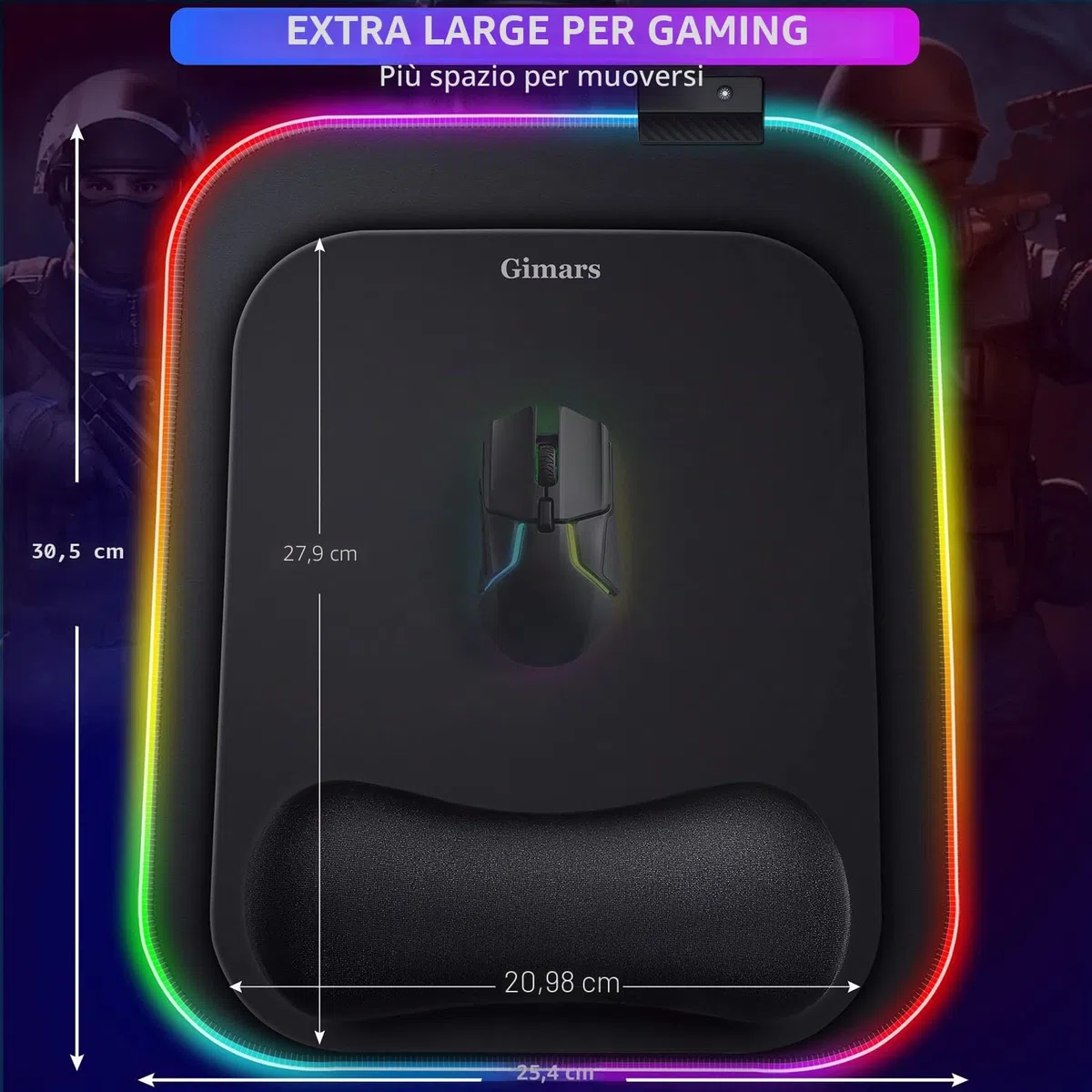Gimars Tappetino Mouse RGB Poggiapolsi, 10 Modalità LED, 304x254mm Mouse Pad XL Ergonomico, Poggiapolsi Mouse Gaming Base in Gomma Antiscivolo, Tessuto in Lycra per Laptop, PC, Ufficio