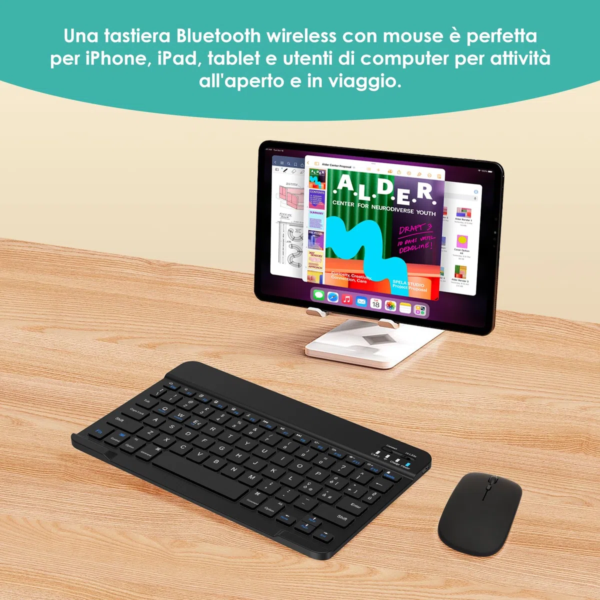 LAMA Tastiera e Mouse Wireless, Tastiera Tablet Universale Ultra Sottile Ricaricabile, Tastiera Bluetooth Portatile per iPad/Tablet/iOS/Android/Windows/Laptop/Computer Desktop/Telefoni, Nero