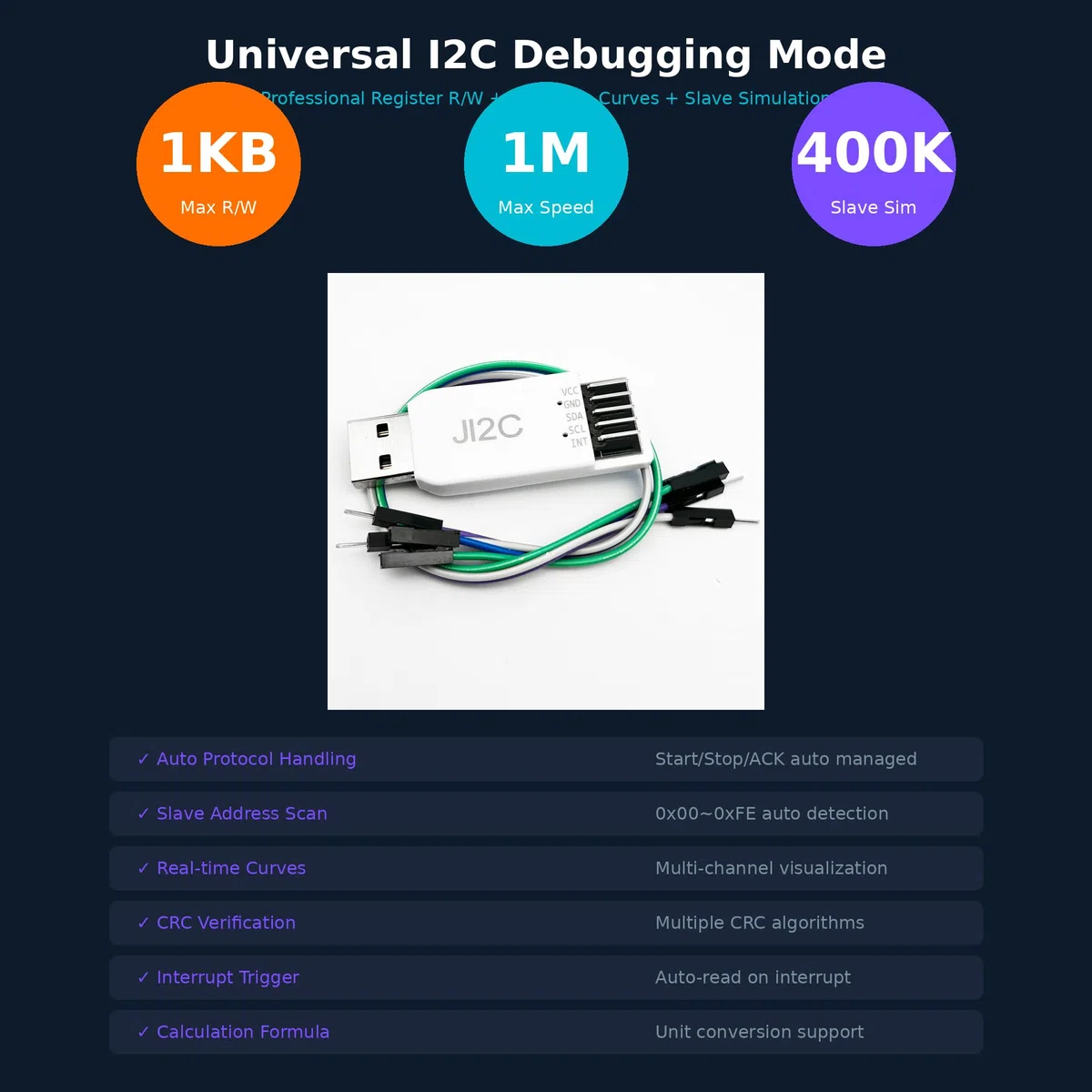 Adattatore JI2C da USB a I2C e debugger EEPROM | Supporto multi-dispositivo, tracciatura curva in tempo reale, lettura/scrittura veloce per registri I2C - Compatibile con Windows