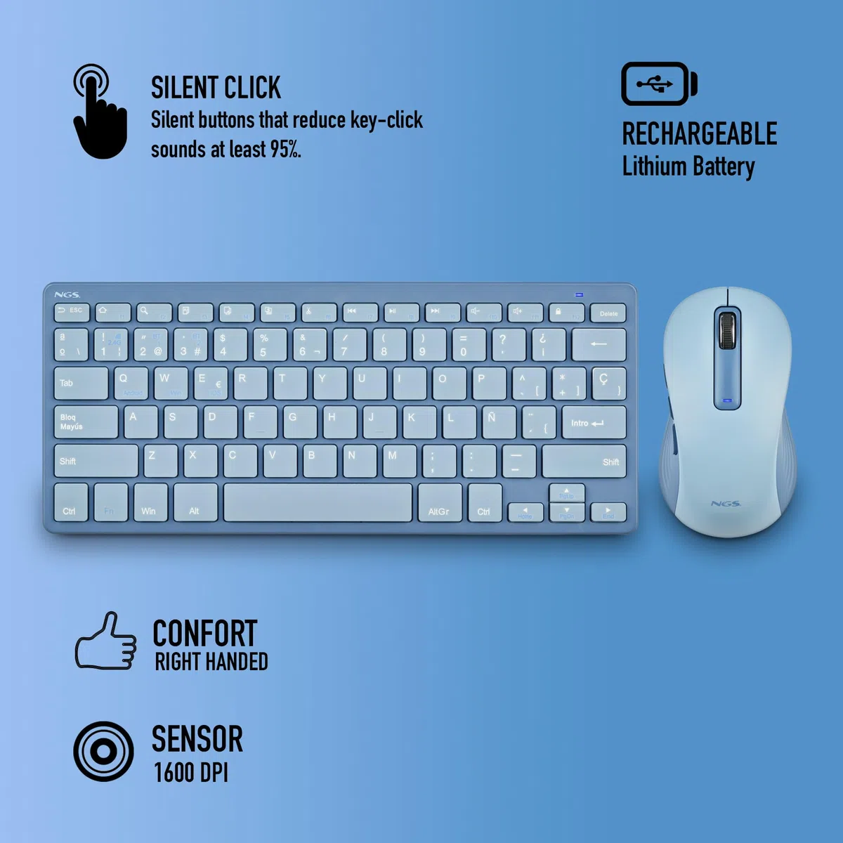 NGS Fantasy Kit Blue - Tastiera e mouse wireless QWERTY spagnolo, silenzioso ricaricabile, multimodalità 2.4 GHz e Bluetooth, 12 tasti multimediali, DPI regolabile, blu