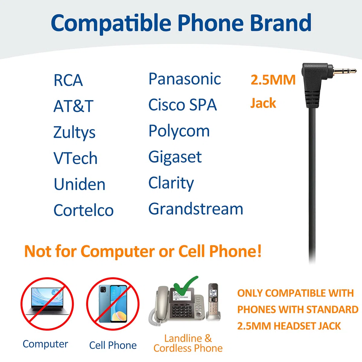 Wantek Cuffie 2,5 mm Dual con Microfono a Cancellazione del Rumore e Controllo del Volume, Auricolare Call Center per Gigaset Panasonic Telefono Fisso Cordless DECT(F602J25)
