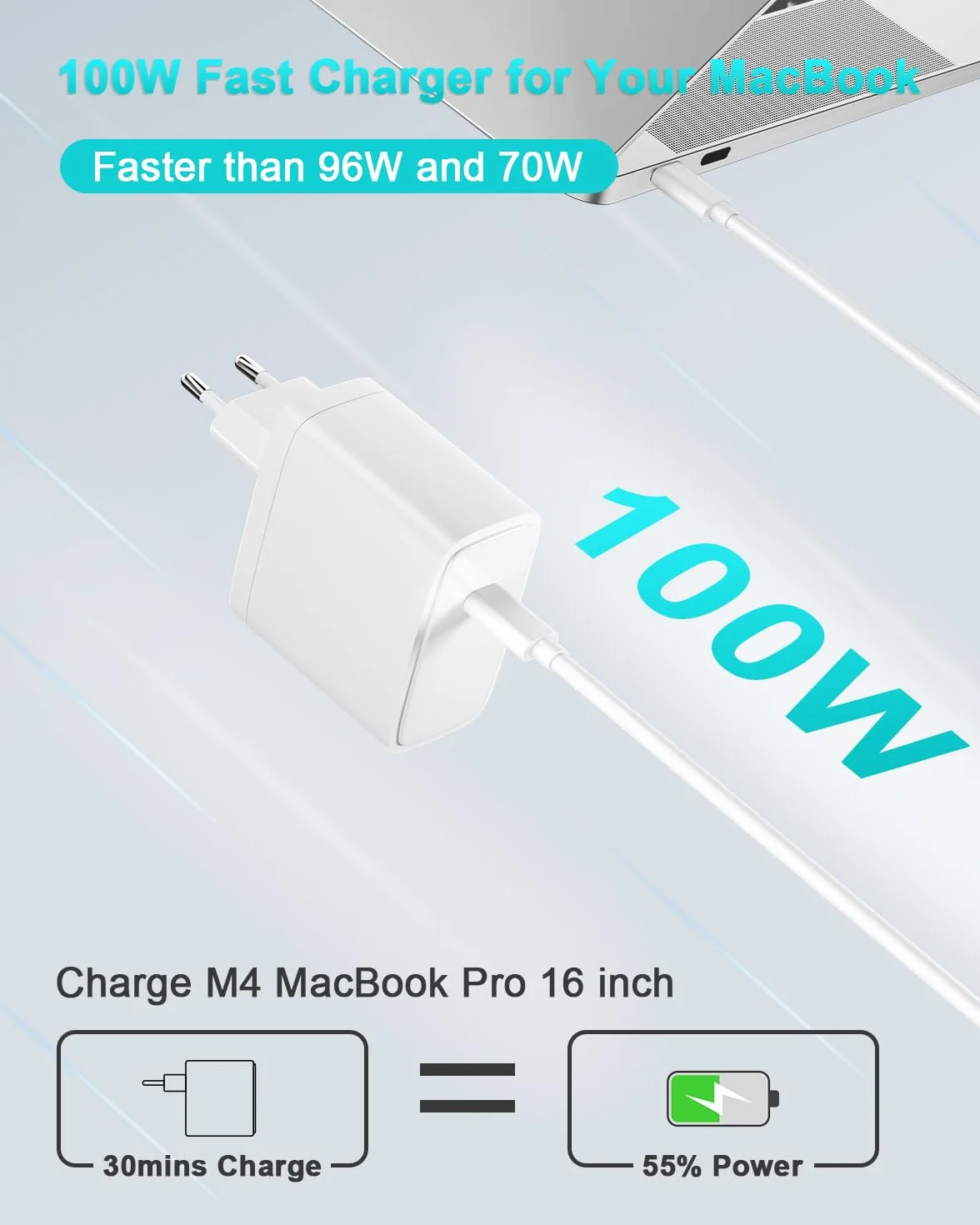 Caricatore USB C 100W, Alimentatore Compatibile con MacBook Pro 16 14 MacBook Air 1513 Pollici 2025 2024 2023 2022 2021 2020 2019 M4 M3 M2 M1, Adattatore Caricabatterie con Cavo USB-C 2M 5A (Bianco)