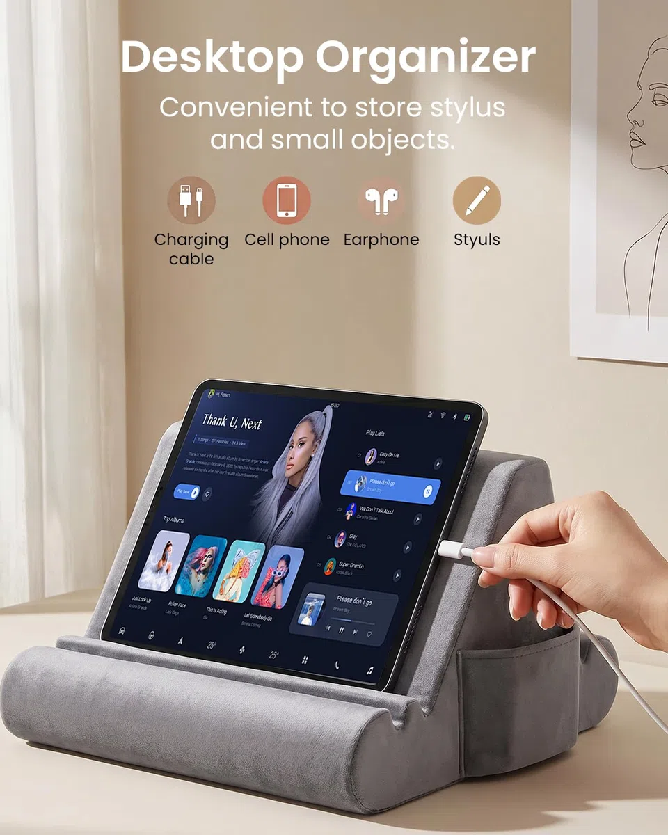 Supporto per tablet con cuscino morbido, cuscino per le ginocchia, supporto per tablet da letto con 3 angoli di visione, tasca, supporto per stilo, compatibile con iPad Pro 13, 10.5, Air, Mini